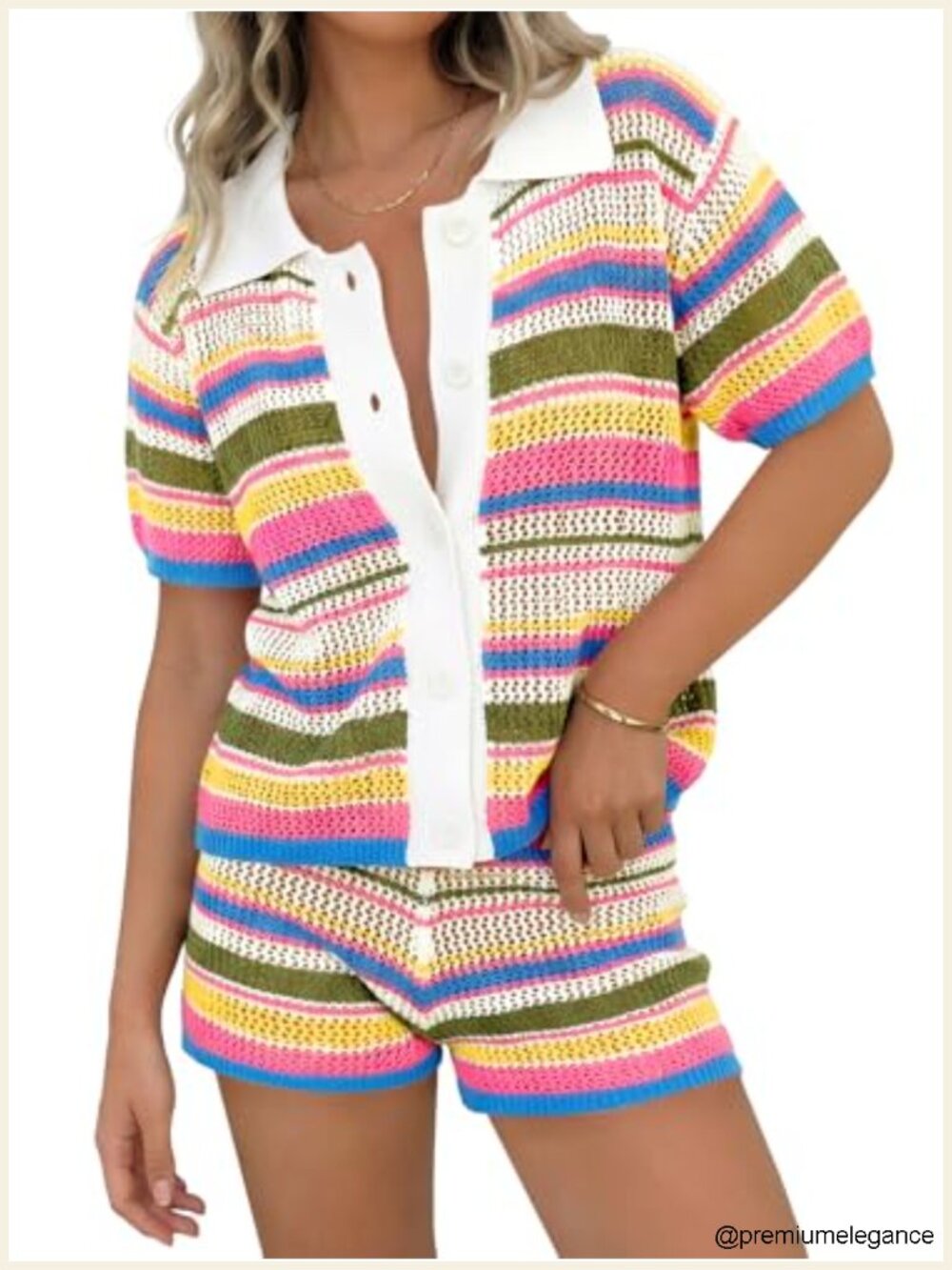 2 Piece Knit Shorts Set with Button Front and Puff Sleeves
